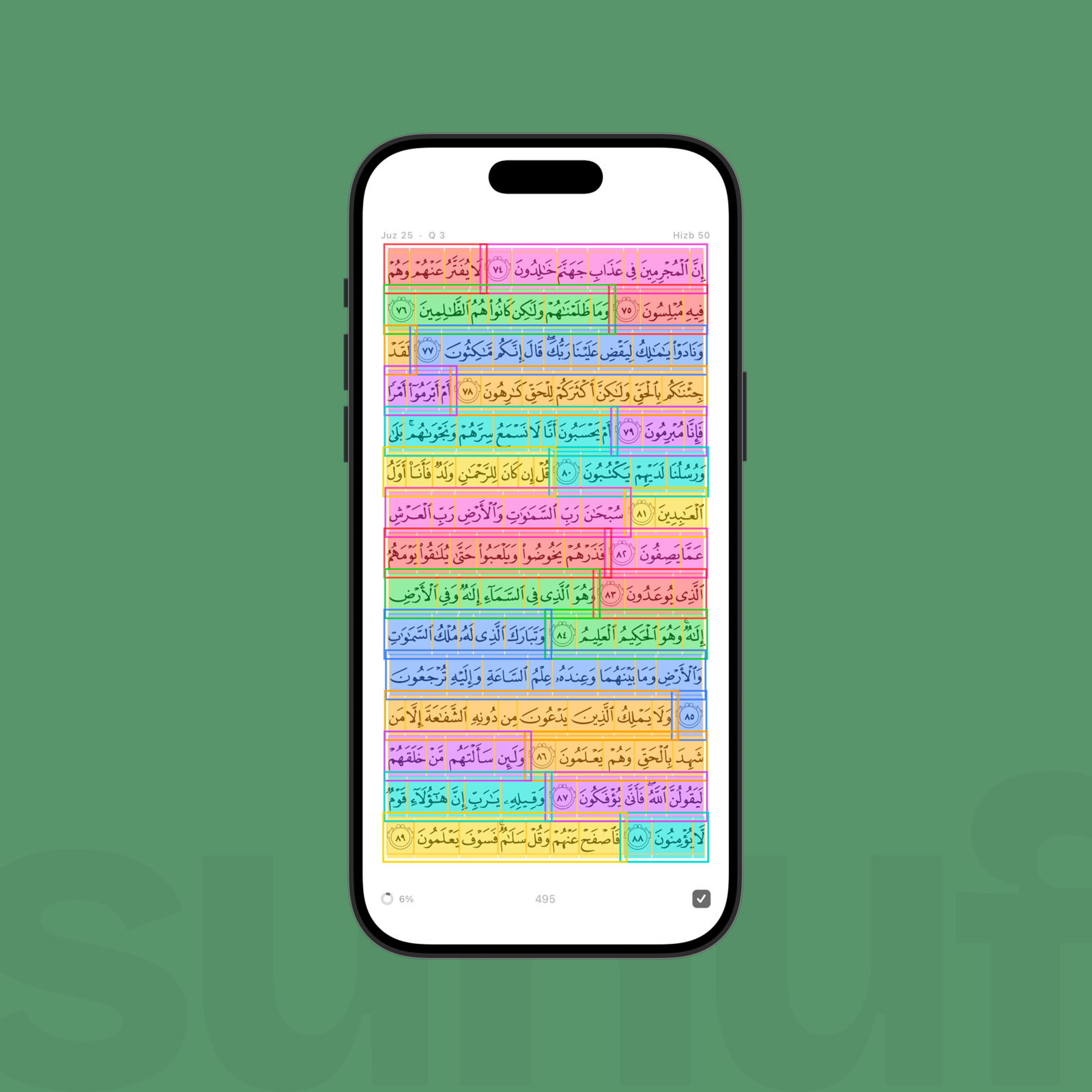 Dev-mode bounding boxes around every line, word, and marker on a mushaf page