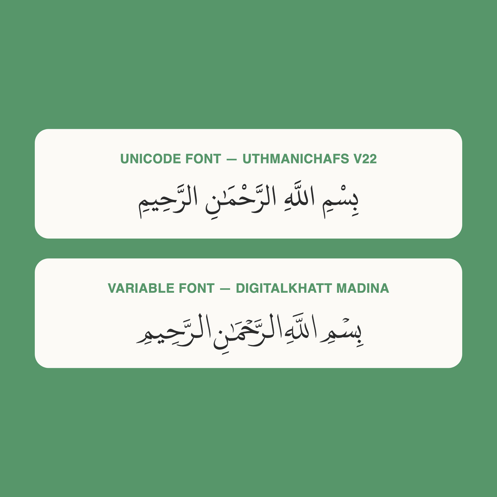 The same basmallah phrase set in a plain Unicode font versus the DigitalKhatt variable font