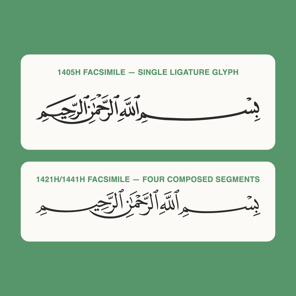 The single-glyph 1405H basmallah rendered above the four-segment composed 1421H/1441H basmallah